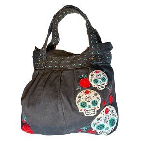 Loungefly Dia de los Muertos Sugar Skull Shoulder Tote Corduroy Bag Black